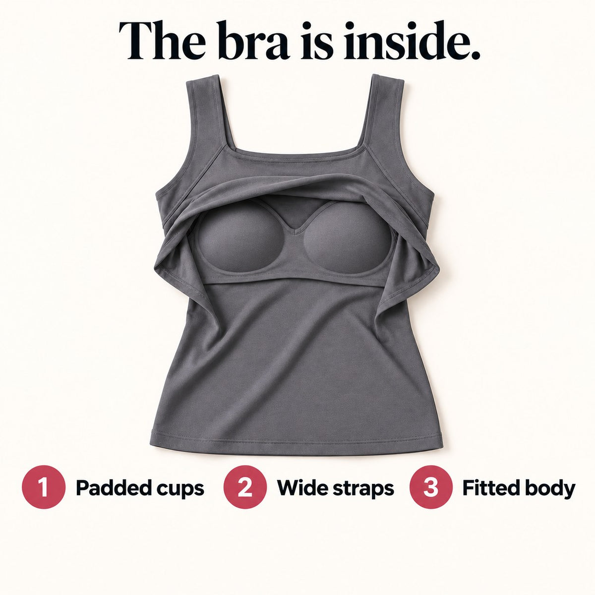 Inside the Bra-Free Tank: padded cups, wide straps, fitted body