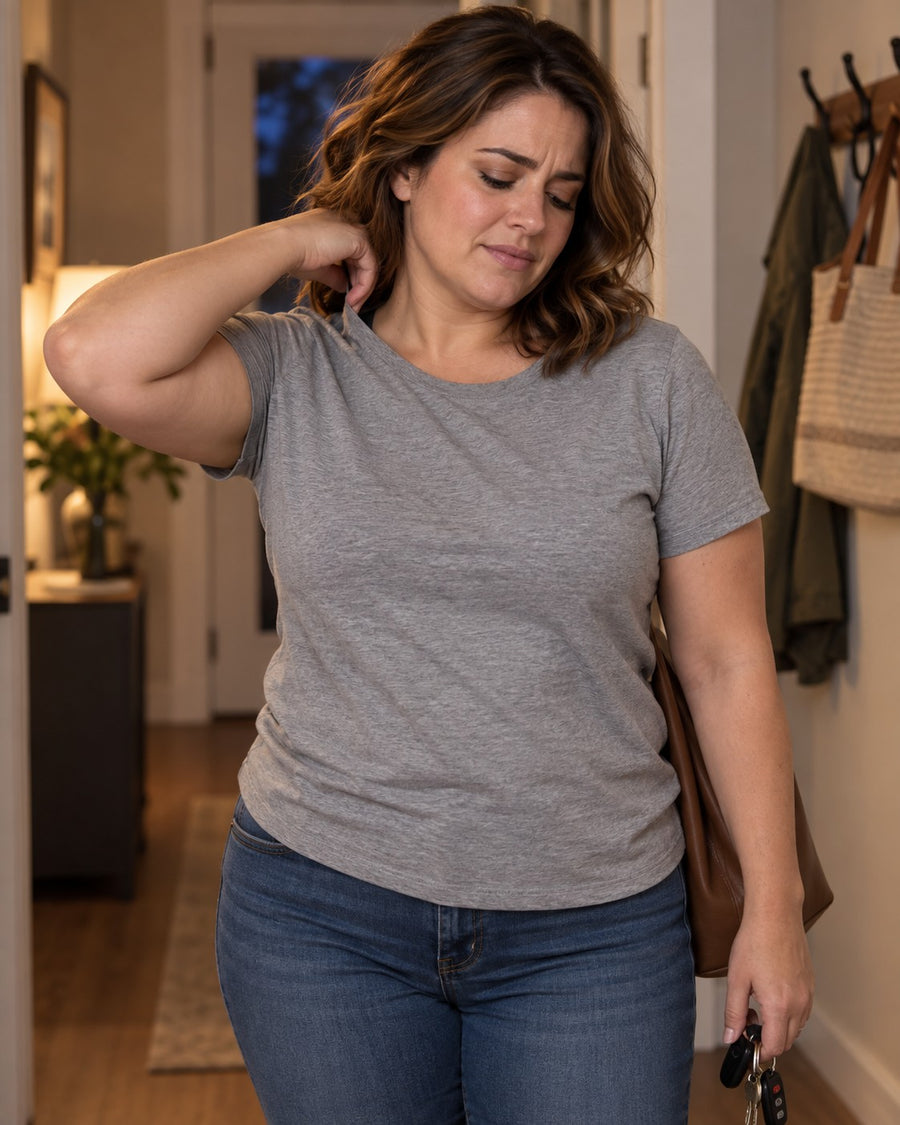 A woman pulling at her bra strap under a t-shirt