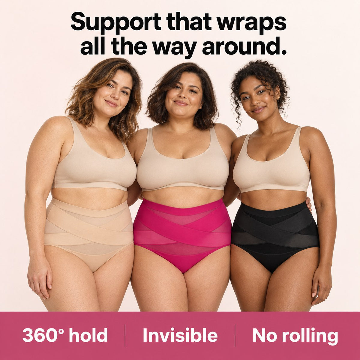 The CoreWrap Brief on three women in Nude, Fuchsia and Black