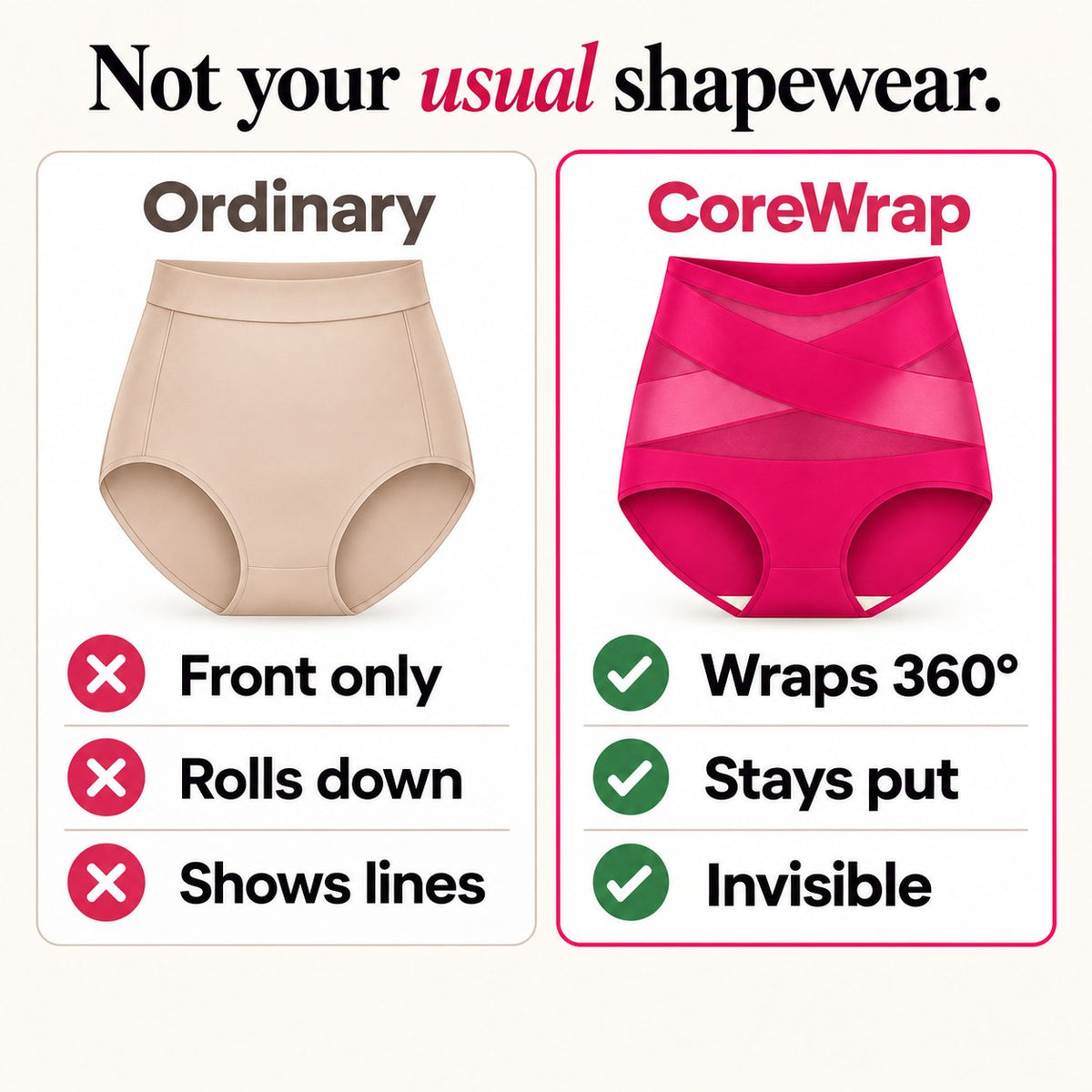 CoreWrap Brief compared with ordinary shapewear