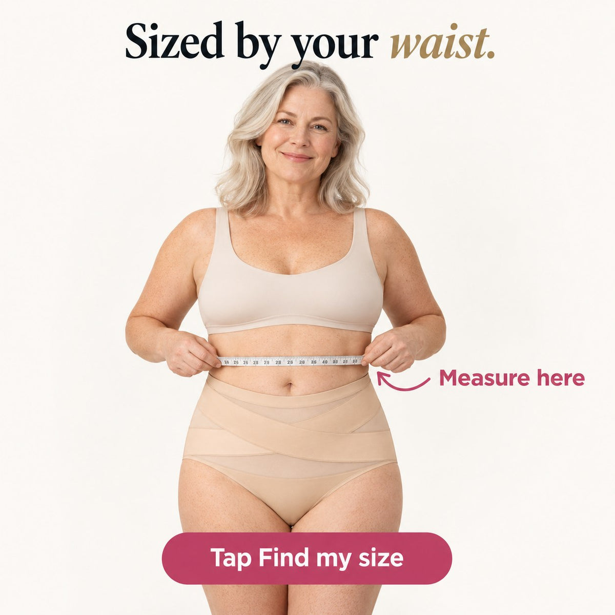 Sized by your waist: measure here, then tap Find my size